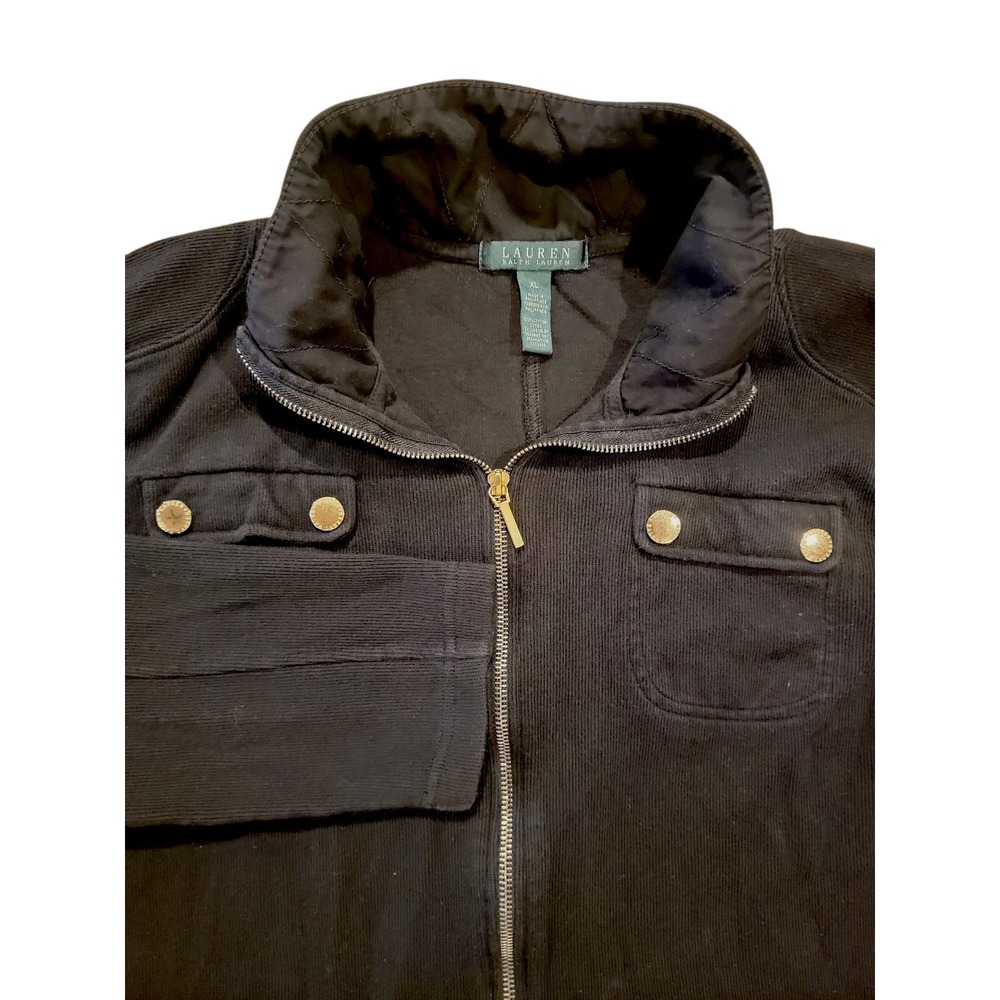 Lauren Ralph Lauren Women's Black Cotton Zip Jacket XL Gold Buttons Equestrian
